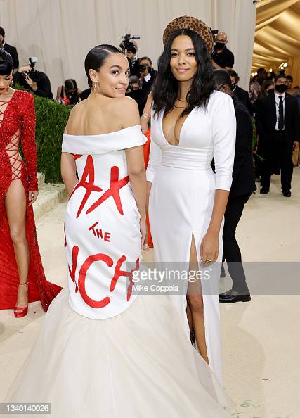 NEW YORK, NEW YORK - SEPTEMBER 13: Alexandria Ocasio-Cortez (L) and Aurora James attend The 2021 Met Gala Celebrating In America: A Lexicon Of Fashion at Metropolitan Museum of Art on September 13, 2021 in New York City. (Photo by Mike Coppola/Getty Images)
