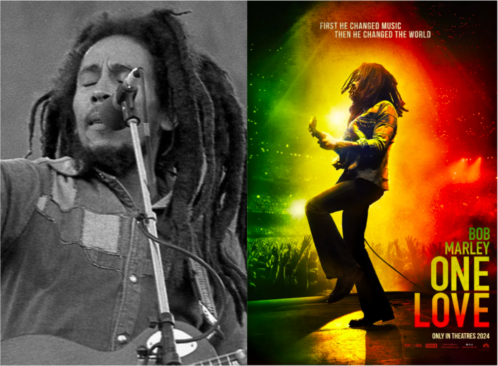 Left: Bob Marley in the Netherlands, taken by Patrick Lüthy.
Right: Bob Marley: One Love movie poster, by Paramount Pictures.