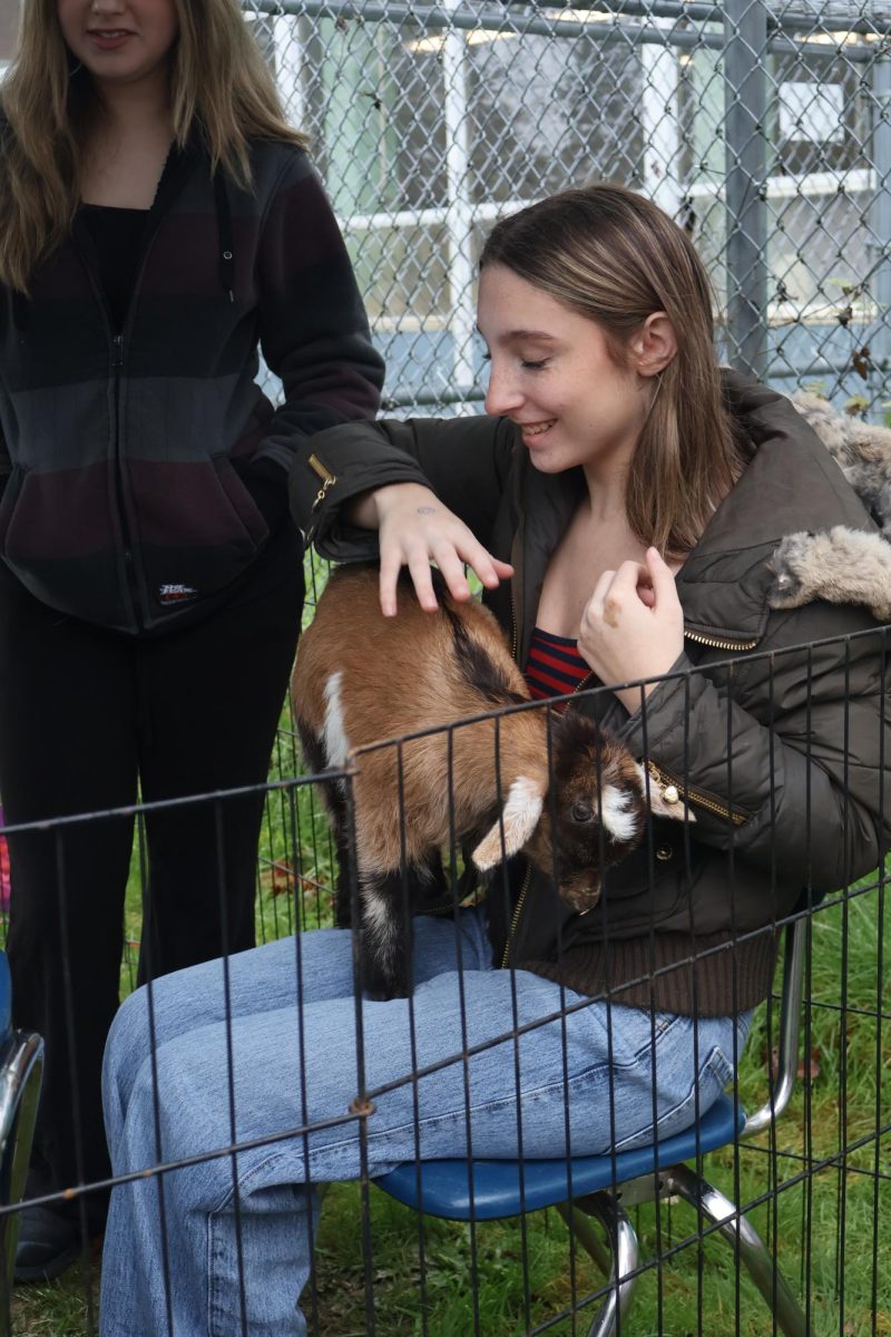 An IBW student holds a baby goat in teh courtyard. Photo by Lauren Devlin